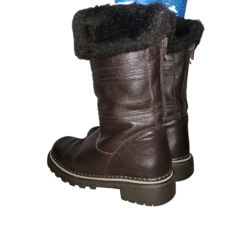 Bass Torino Women's Brown Leather Boots Size 7 M Faux Fur Zip Mid Calf Winter